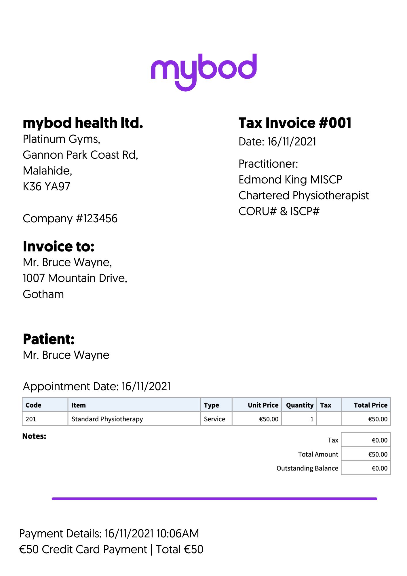 Physiotherapy Invoice
